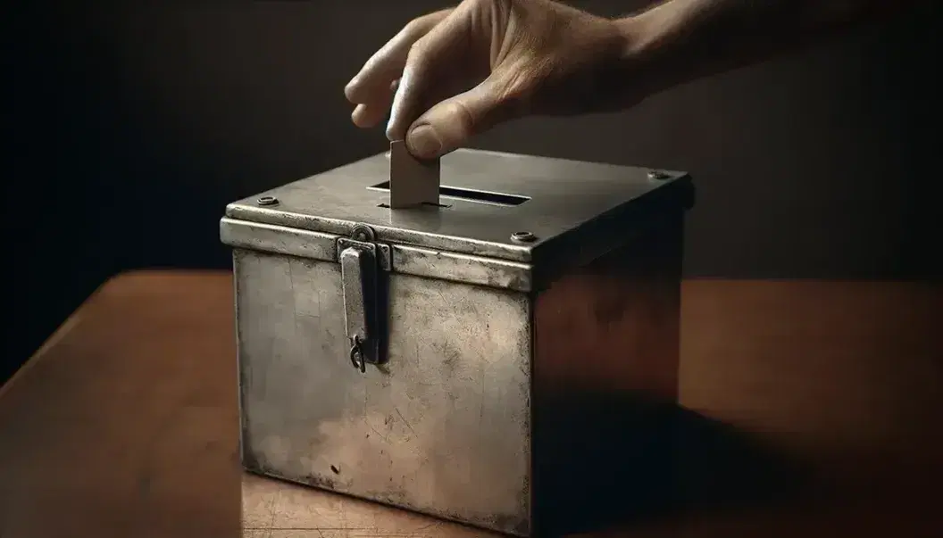 Close up of an old metal ballot box with signs of wear, hand inserting a folded ballot, blurred background.