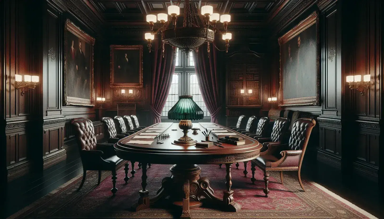 Elegant wood-paneled meeting room with an oval mahogany table, leather chairs, antique brass lamp, and ornate oil paintings.