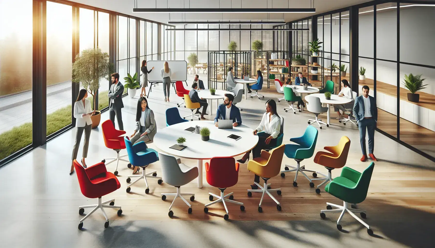 Modern open-plan office with large windows, white tables, colorful ergonomic chairs, and a diverse team collaborating around a mobile whiteboard.