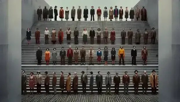 Grupo diverso de personas en escalones, con ropa desgastada en la fila inferior y vestimenta colorida en la superior, reflejando contraste social.