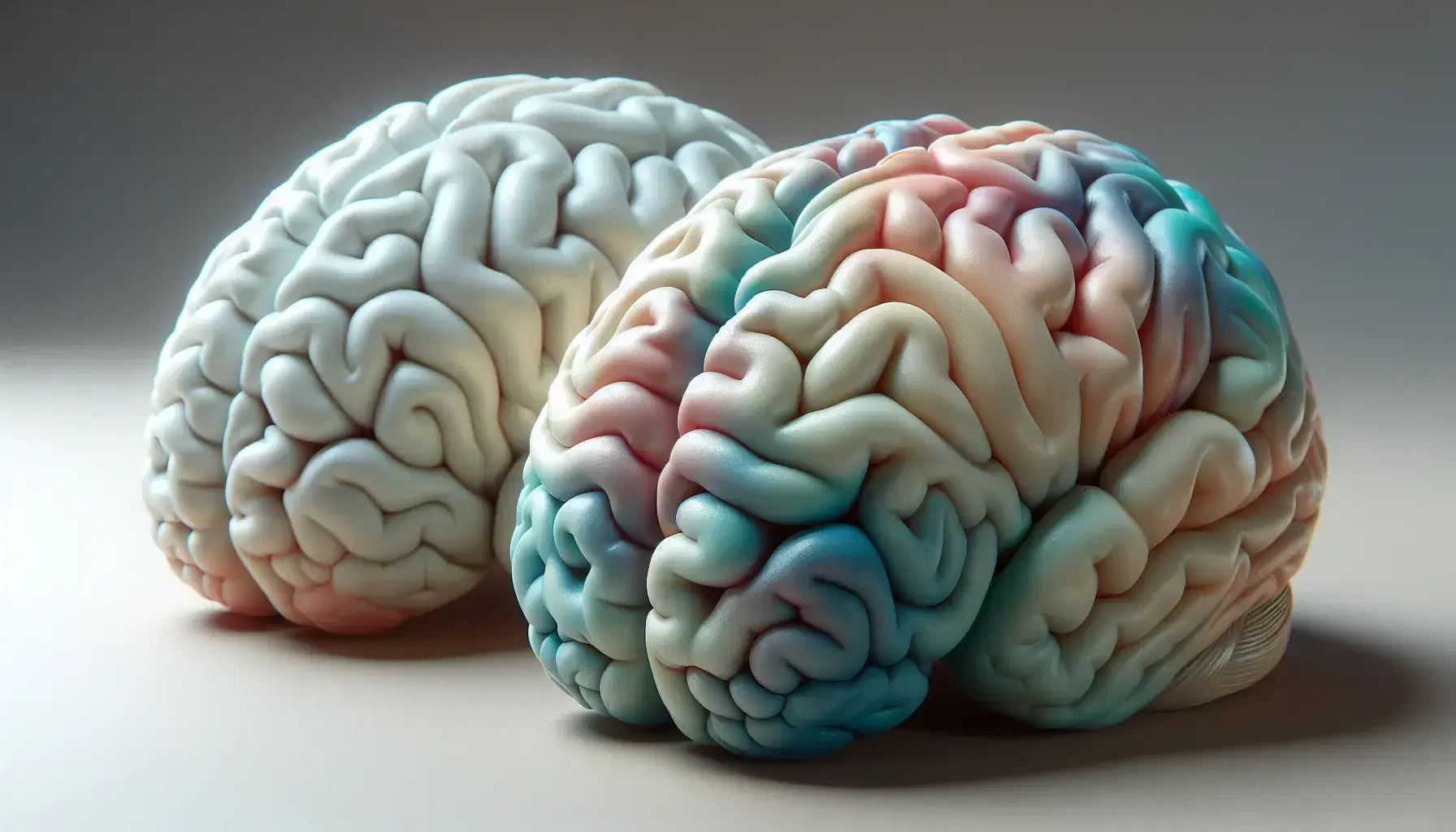 Cerebros humanos realistas en primer plano, uno liso en gris y otro coloreado en tonos suaves, destacando su compleja estructura tridimensional.