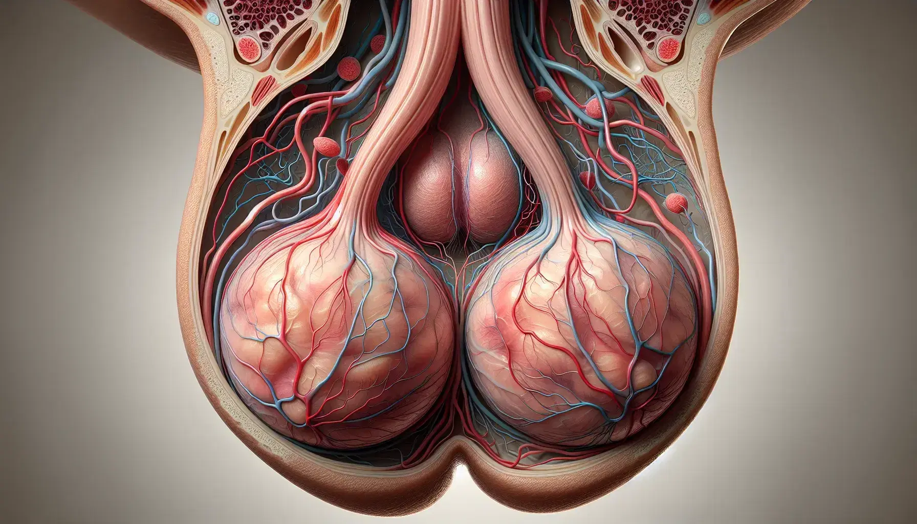 Rappresentazione anatomica dettagliata dei testicoli umani e del deferente, con rete vascolare visibile, adatta a contesti educativi.