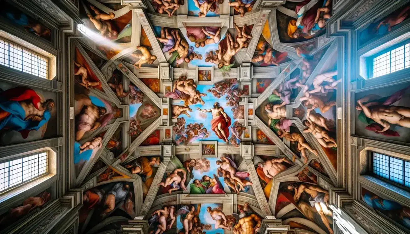 Soffitto affrescato della Cappella Sistina con figure bibliche vivacemente colorate, dettagli muscolari e elementi architettonici dipinti.