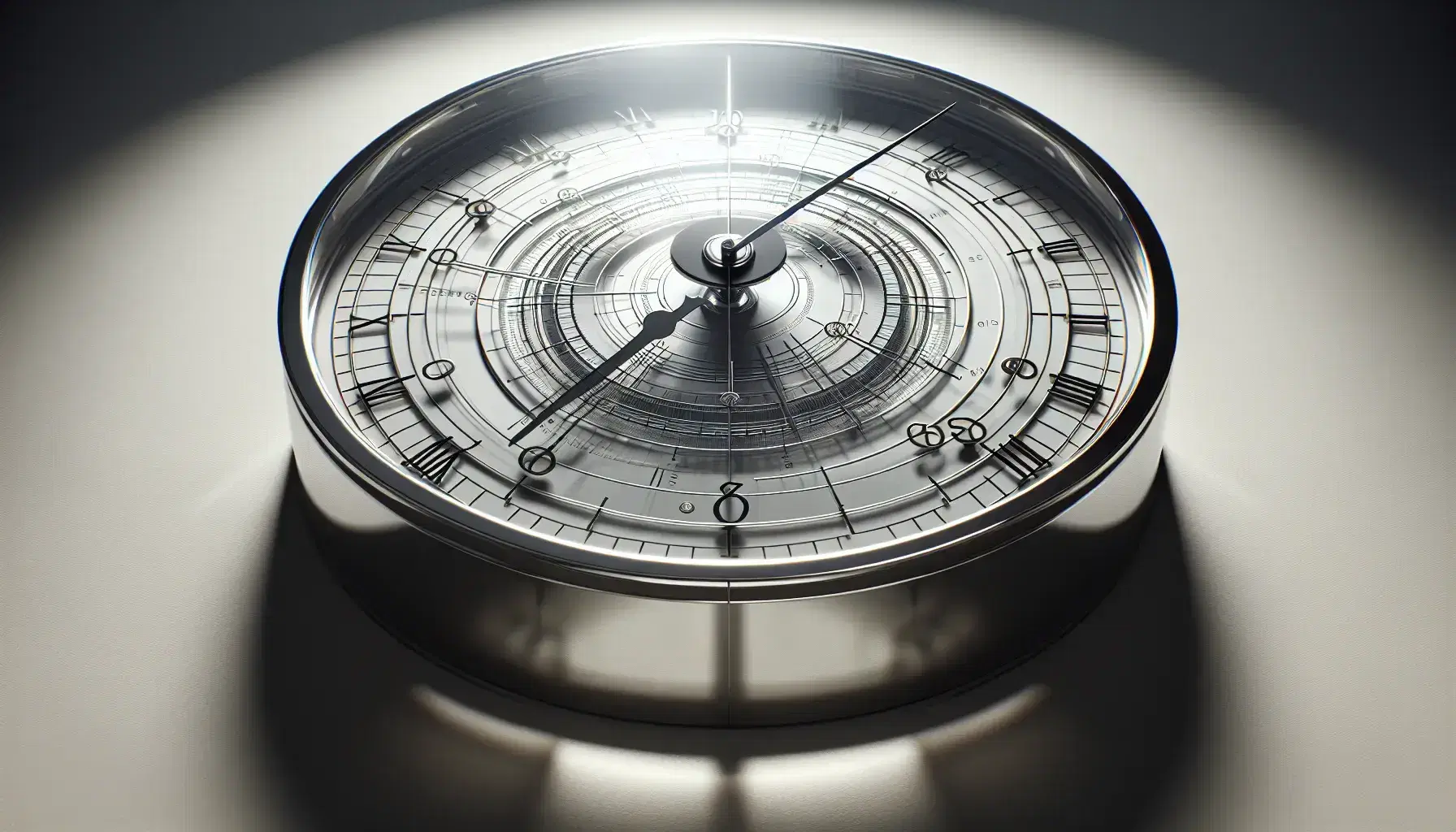 Orologio analogico con cassa in acciaio lucido, quadrante bianco, lancette sottili nere e segni per ore e minuti, senza testo o simboli.