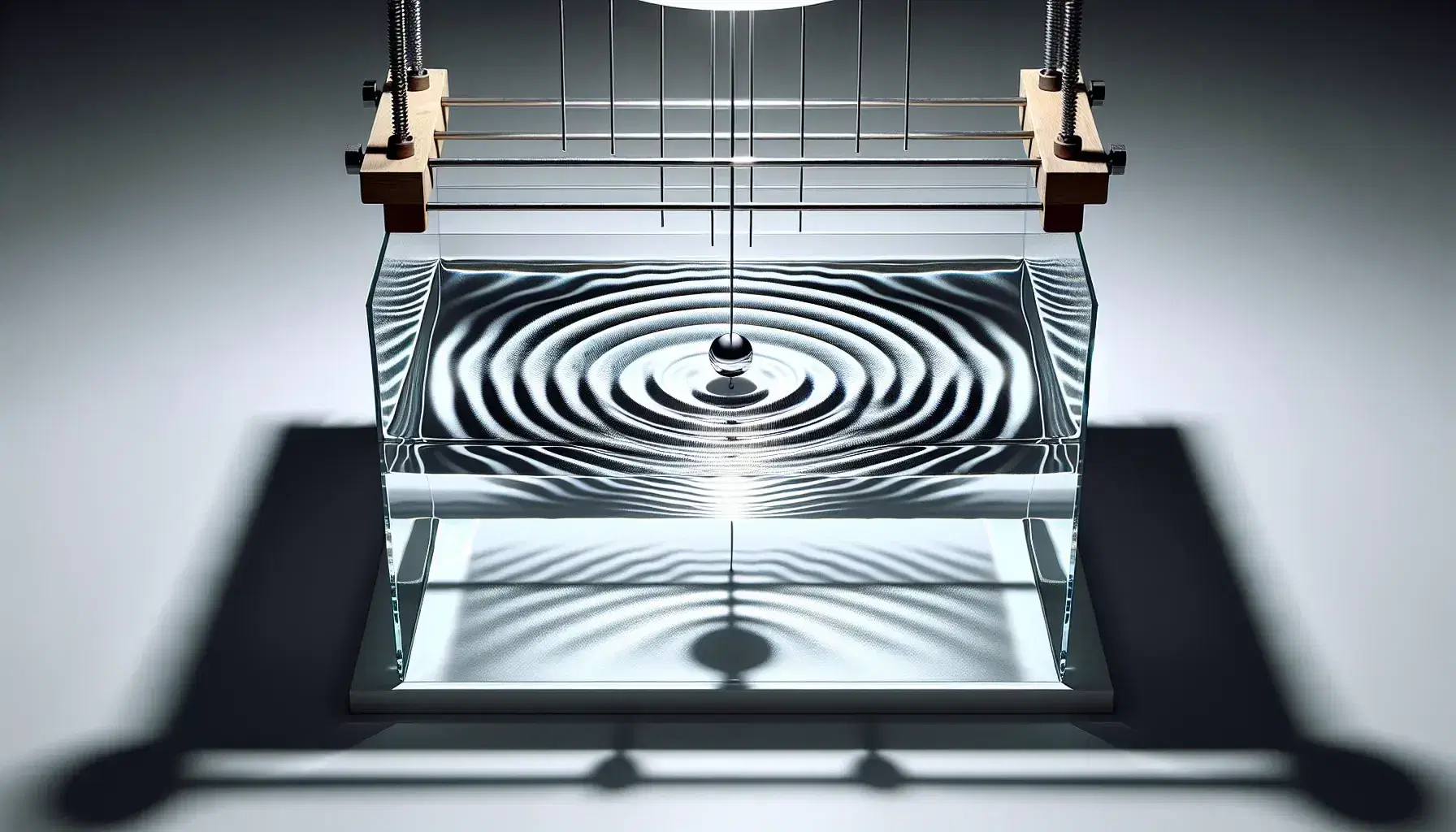 Ripple tank experiment showing concentric water wave circles from a central point with a light casting shadows of the wave patterns on a white surface below.