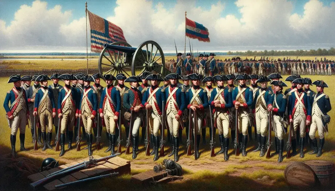 Recreación histórica al aire libre con hombres en uniformes militares del siglo XVIII, sosteniendo mosquetes cerca de un cañón antiguo, bajo un cielo parcialmente nublado.