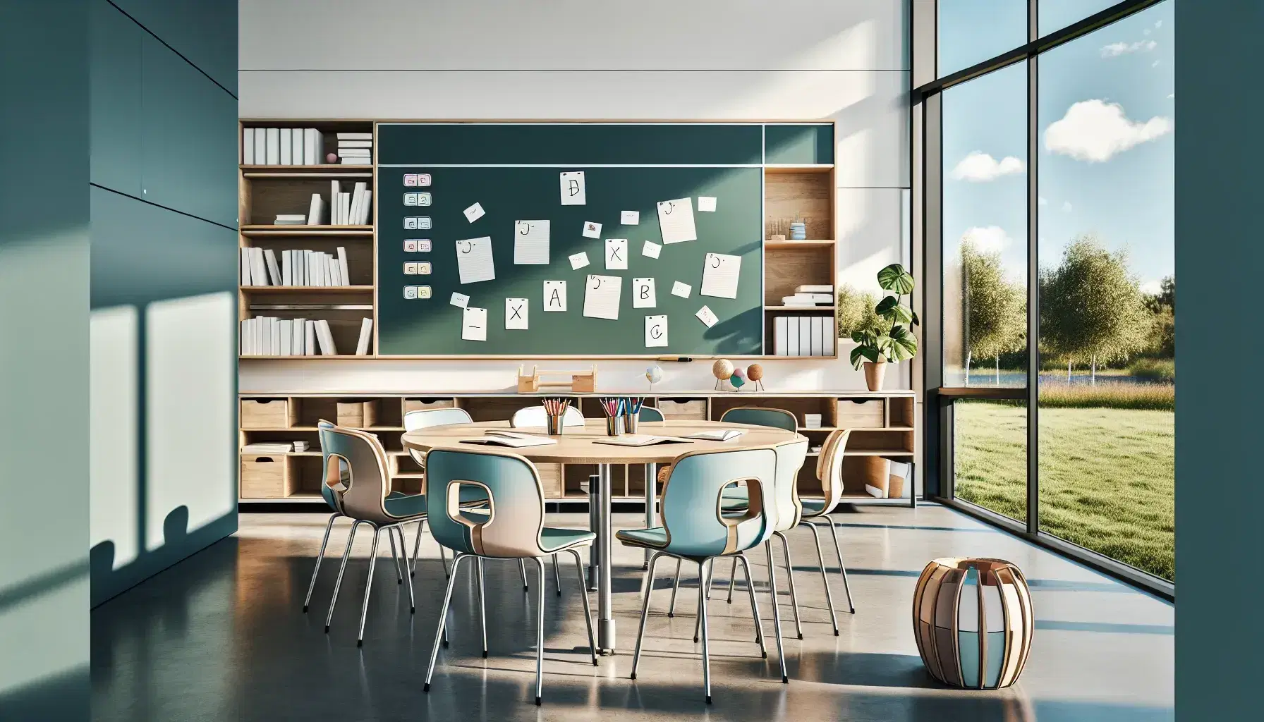 Aula escolar moderna con mesa redonda, sillas ergonómicas azules y verdes, cuadernos y lápices de colores, pizarra blanca y estantería con libros y figuras geométricas, junto a una ventana con vista a zona verde.