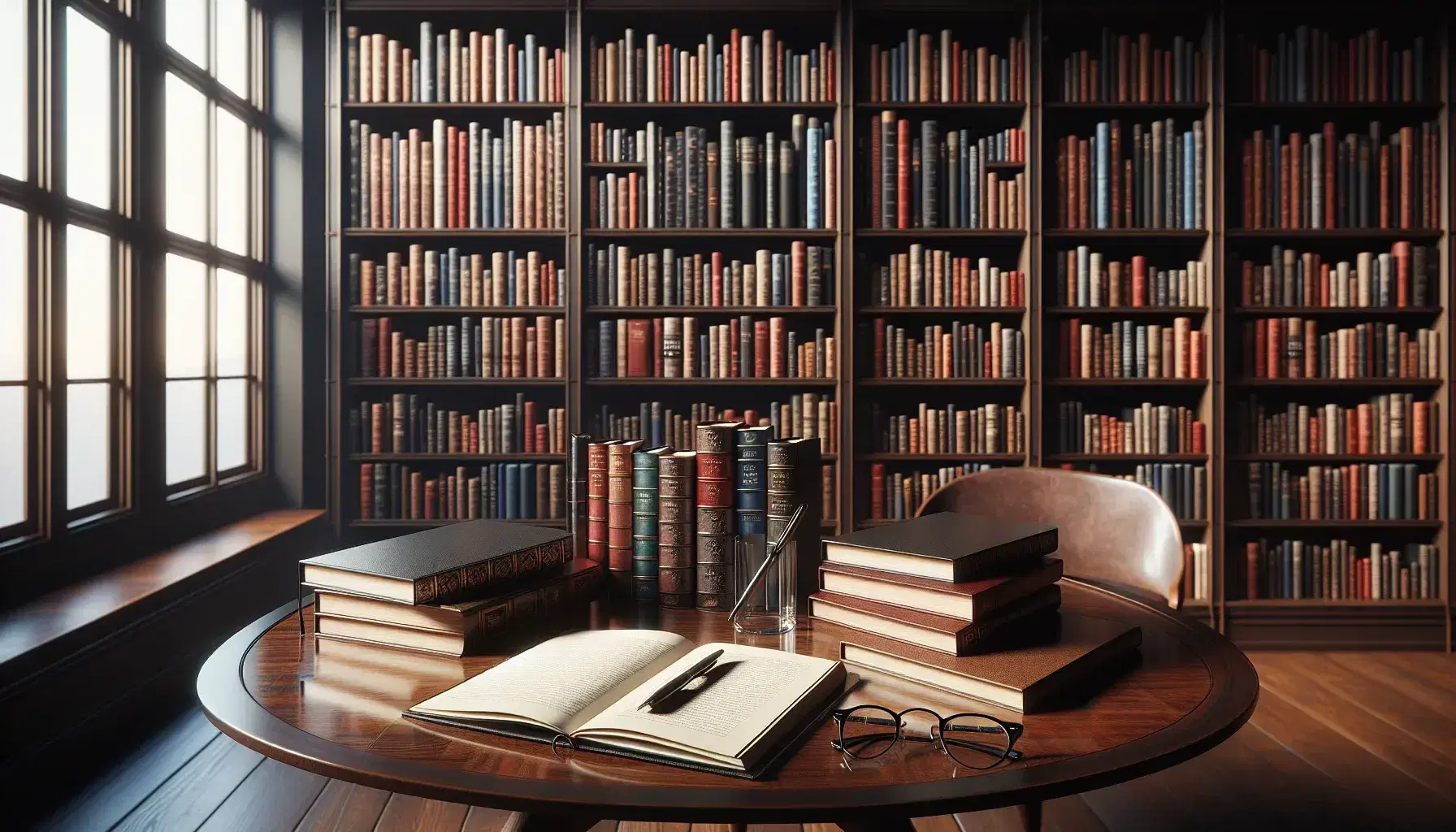 Biblioteca con estantes de madera oscura llenos de libros coloridos, mesa con cuaderno abierto, pluma y gafas, ambiente cálido y ventana con cortinas.