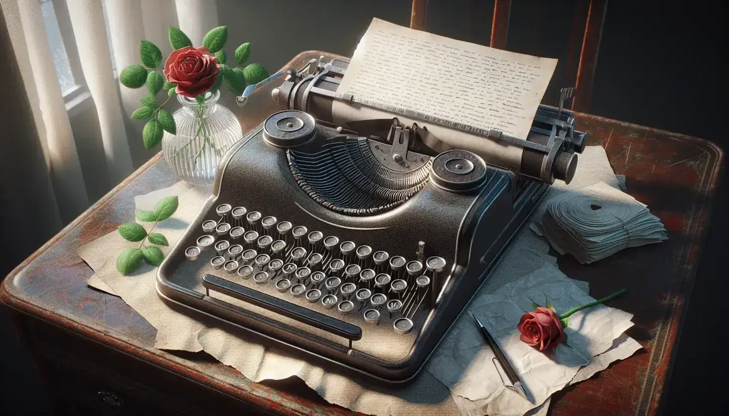 Vintage black typewriter on wooden desk with crumpled paper and single red rose in vase, near window with soft natural light.