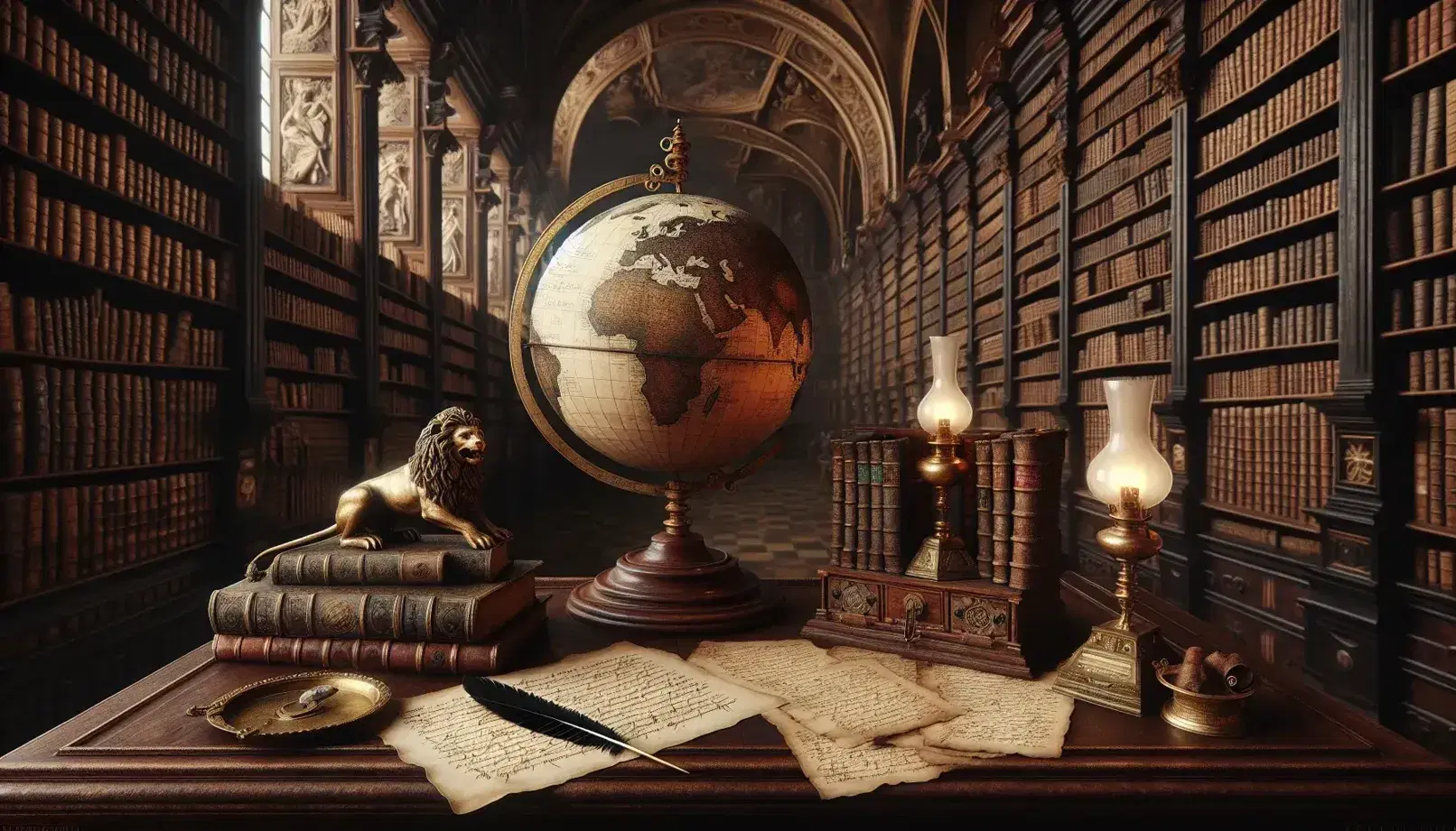 Biblioteca rinascimentale con scrivania in legno, calamaio in ottone, carte sigillate, mappamondo antico, bilancia in ottone e statuetta di leone.
