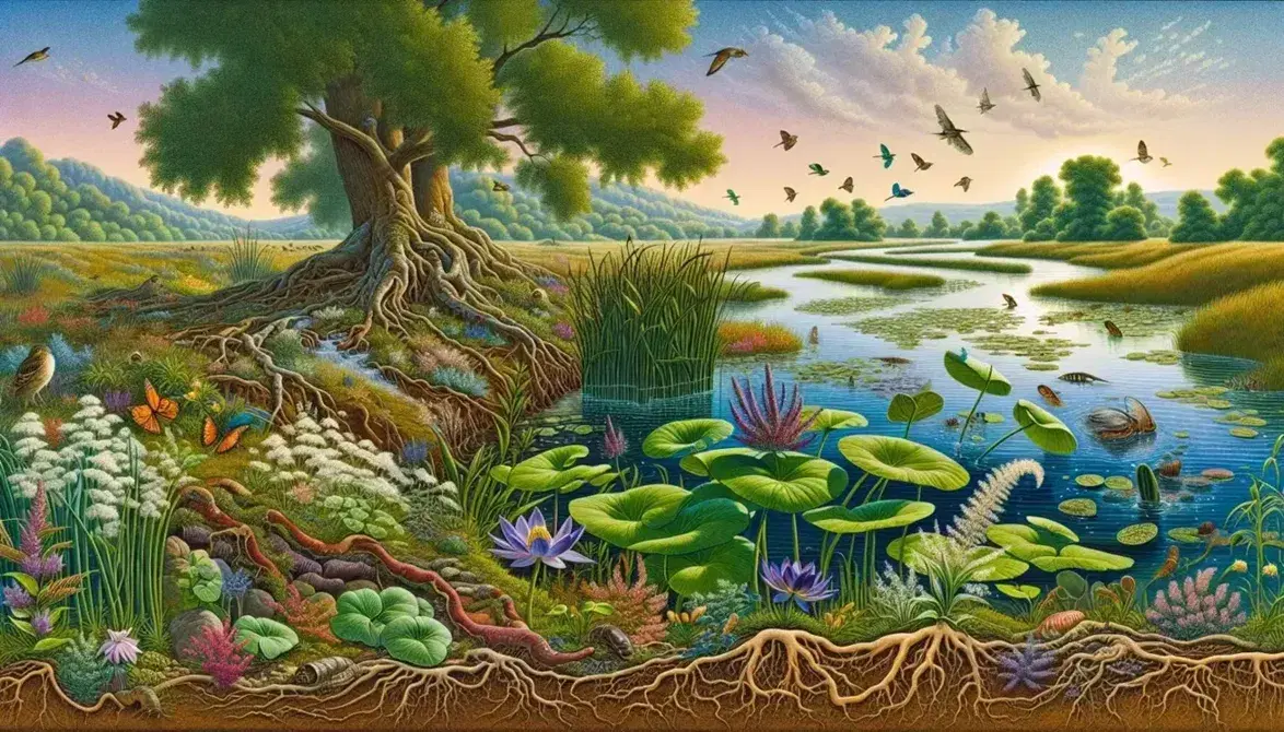 Fiume serpeggiante con riflessi azzurri, piante acquatiche, leguminose viola, albero frondoso con uccelli, insetti volanti e lombrichi nel terreno fertile.