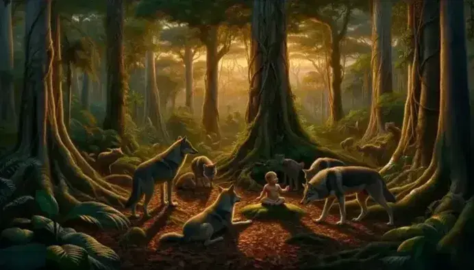 Neonato circondato da lupi in una foresta al tramonto, con alberi alti e fauna selvatica sullo sfondo.