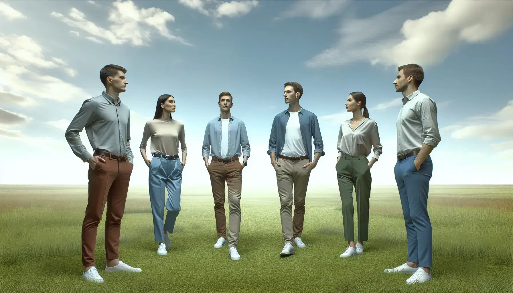 Cinco personas en formación en 'V' en un parque, líder adelante gestando instrucciones a su equipo atento, vestidos en tonos azules y grises, bajo cielo azul con nubes dispersas.