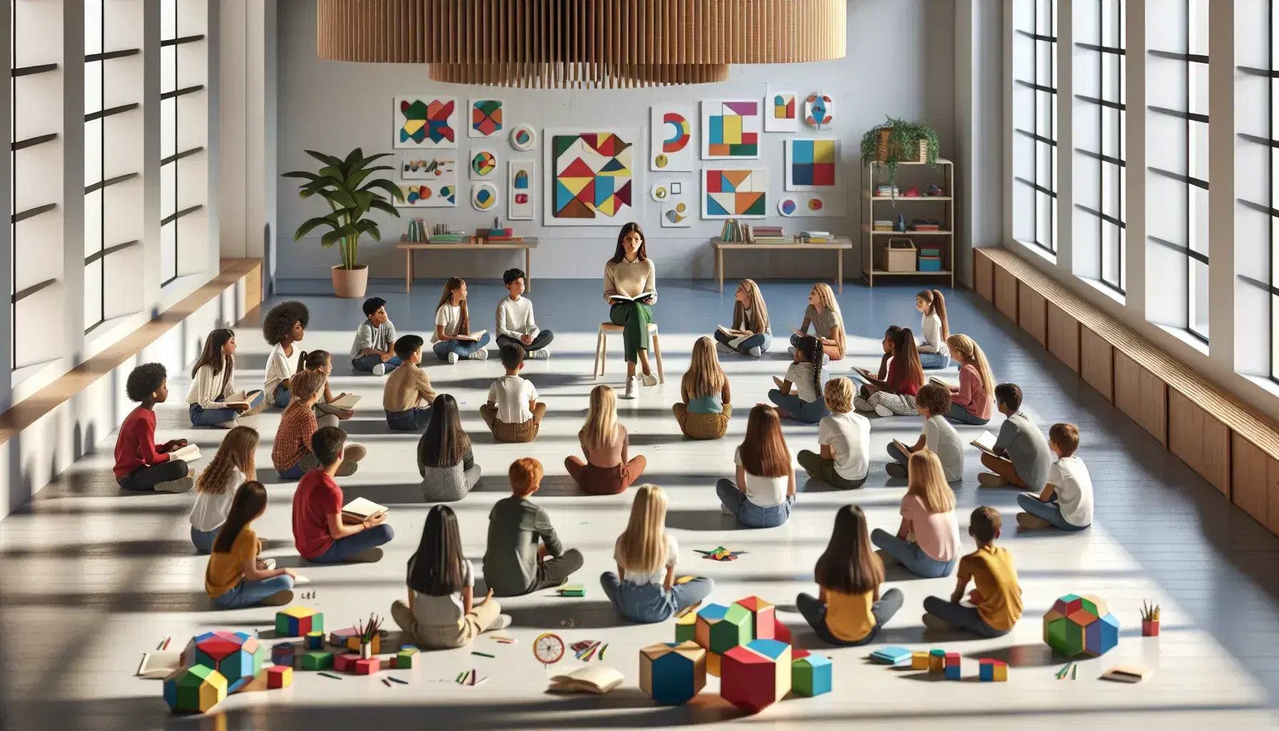 Grupo diverso de estudiantes atentos y maestra leyendo un libro en aula iluminada con materiales educativos coloridos en el suelo.