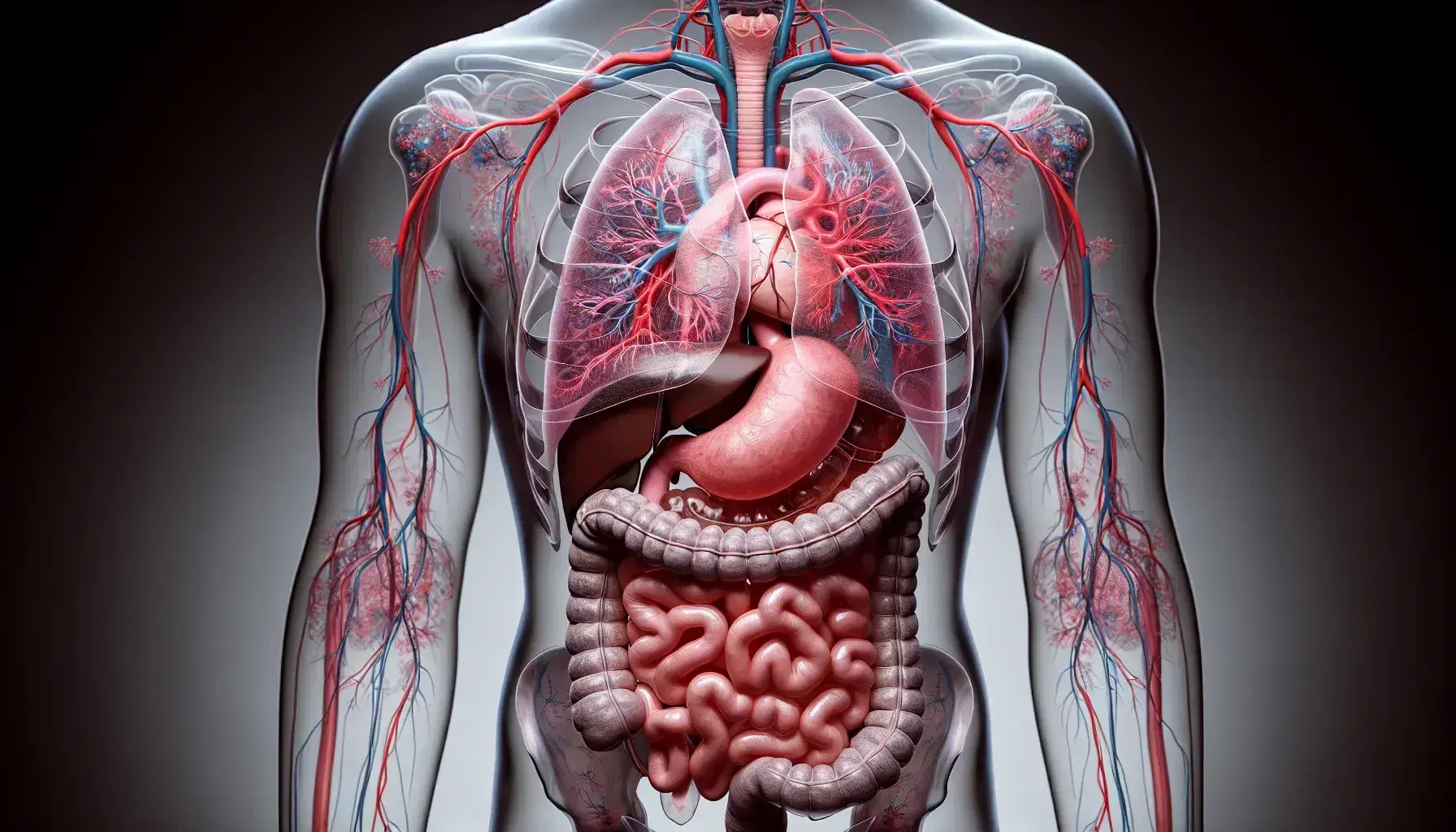 Torso humano transparente mostrando órganos internos en colores realistas, con pulmones, corazón, hígado, estómago e intestinos visibles.