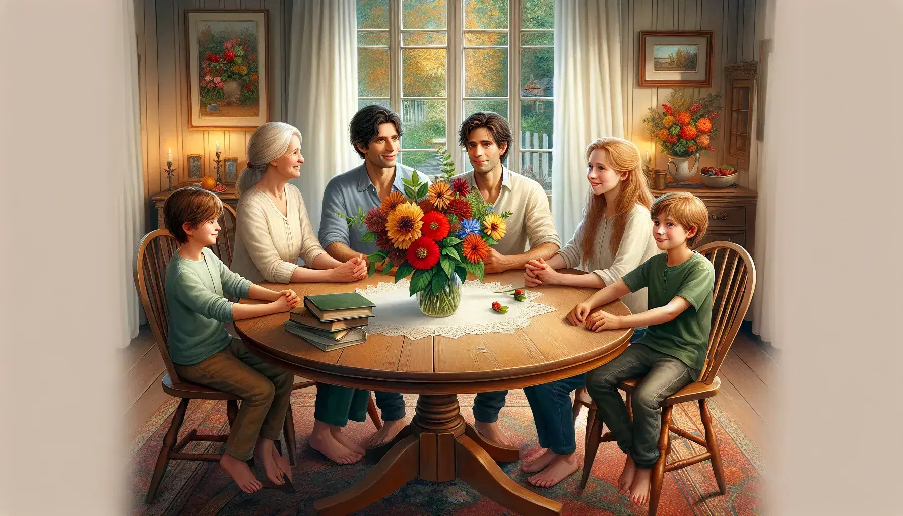 Familia disfrutando de una conversación amena alrededor de una mesa redonda con un jarrón de flores coloridas, en un ambiente acogedor con luz natural.