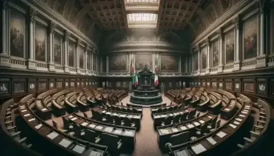 Sala storica del Parlamento italiano con scrivanie in legno a semicerchio, podio del presidente e bandiere tricolori.