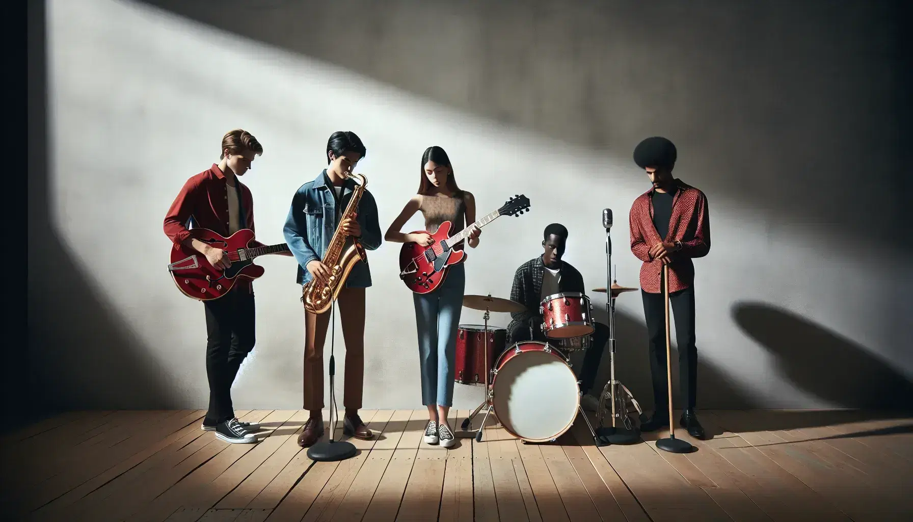 Multi-ethnic group of musicians with red electric guitar, saxophone, drums and microphone in rehearsal room, collaboration and concentration.