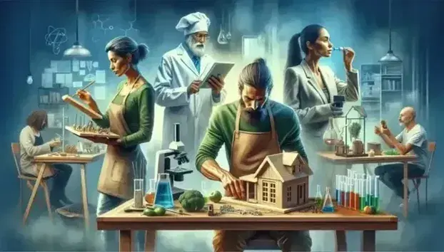 Four people carry out different activities: Hispanic woman builds a wooden house, man observes under the microscope, chef cuts vegetables, woman in business suit uses tablet.