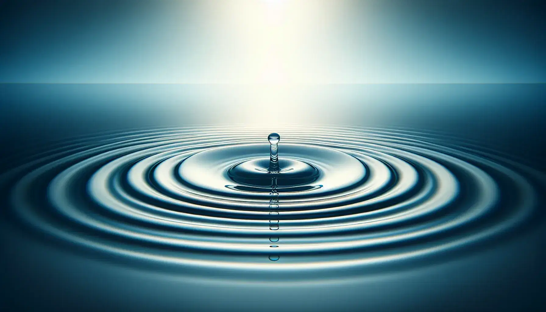 Close-up view of concentric water ripples on a glass surface with a gradient blue to white background, highlighting the ripple's symmetry.