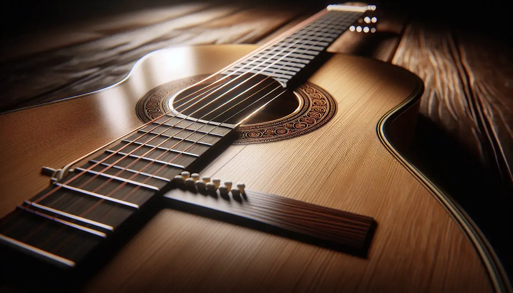 Close-up of a classical guitar on a wooden table, highlighting the sound hole, strings, and intricate rosette design with a warm, amber-toned finish.