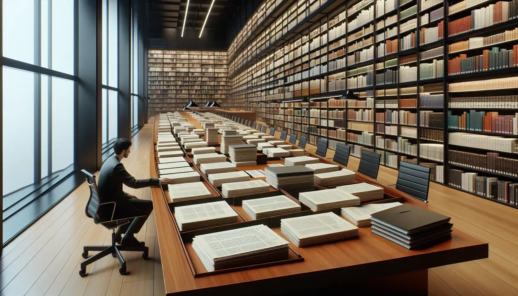 Modern library reading room with wooden table, various documents and shelves full of books, large window illuminates quiet environment.