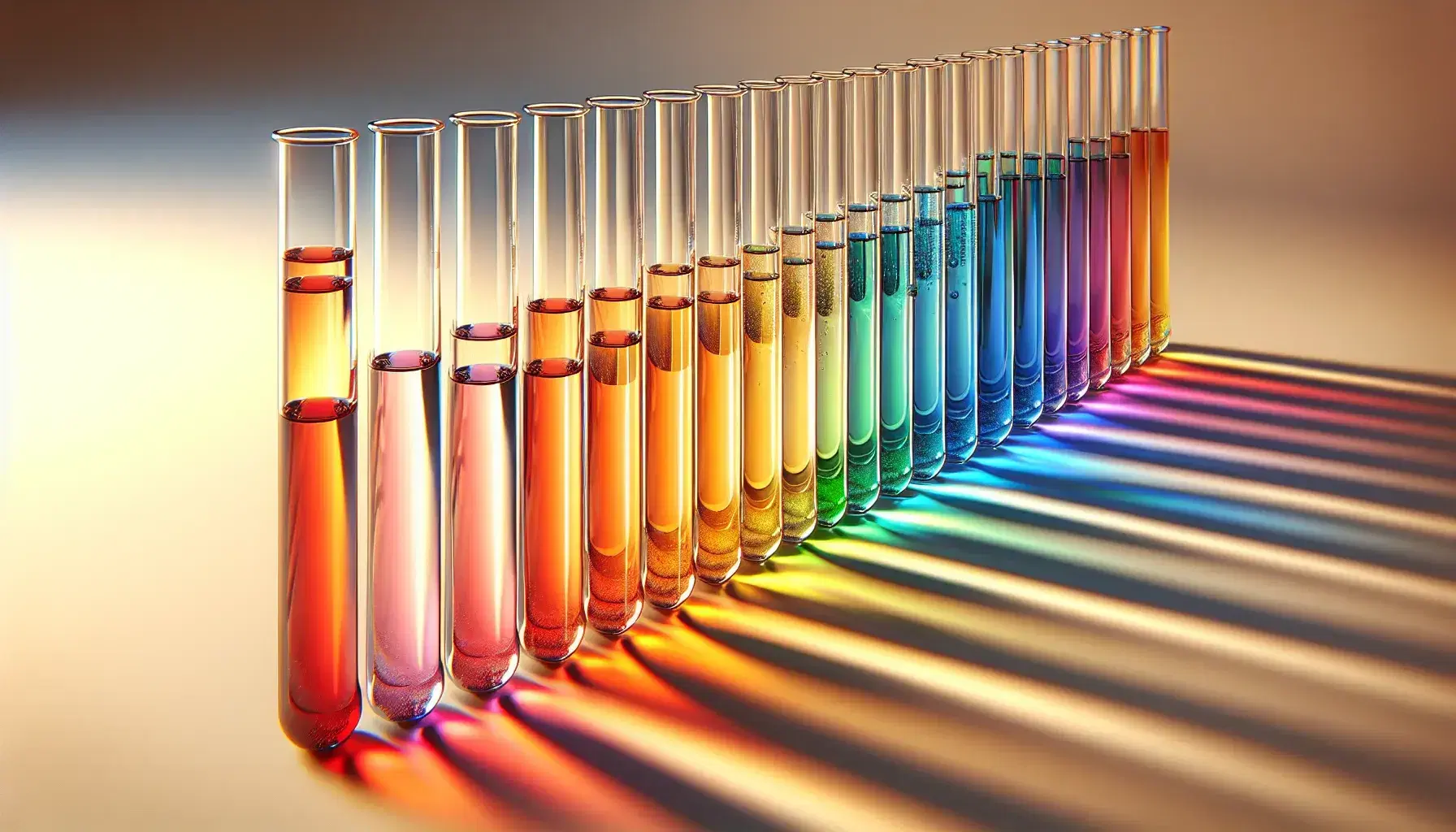 Provette di vetro trasparente con sostanze colorate in sequenza arcobaleno su sfondo neutro, riflessi e ombre visibili.