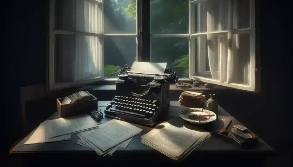Máquina de escribir antigua con teclas redondas sobre mesa de madera oscura, junto a papeles y cenicero, con ventana y cortinas al fondo.