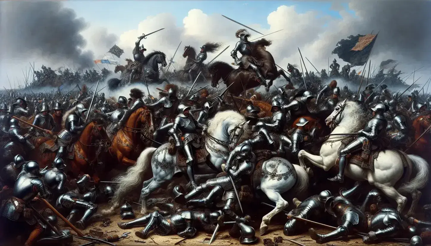 Scena di battaglia della Guerra dei Trent'anni con soldati in armatura, cavalli impennati e fumo grigio nel cielo.