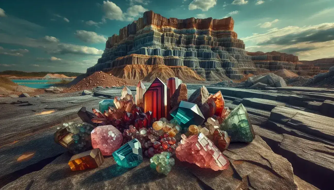 Variedad de minerales cristalinos coloridos sobre roca gris con formación rocosa estratificada al fondo bajo cielo azul despejado.