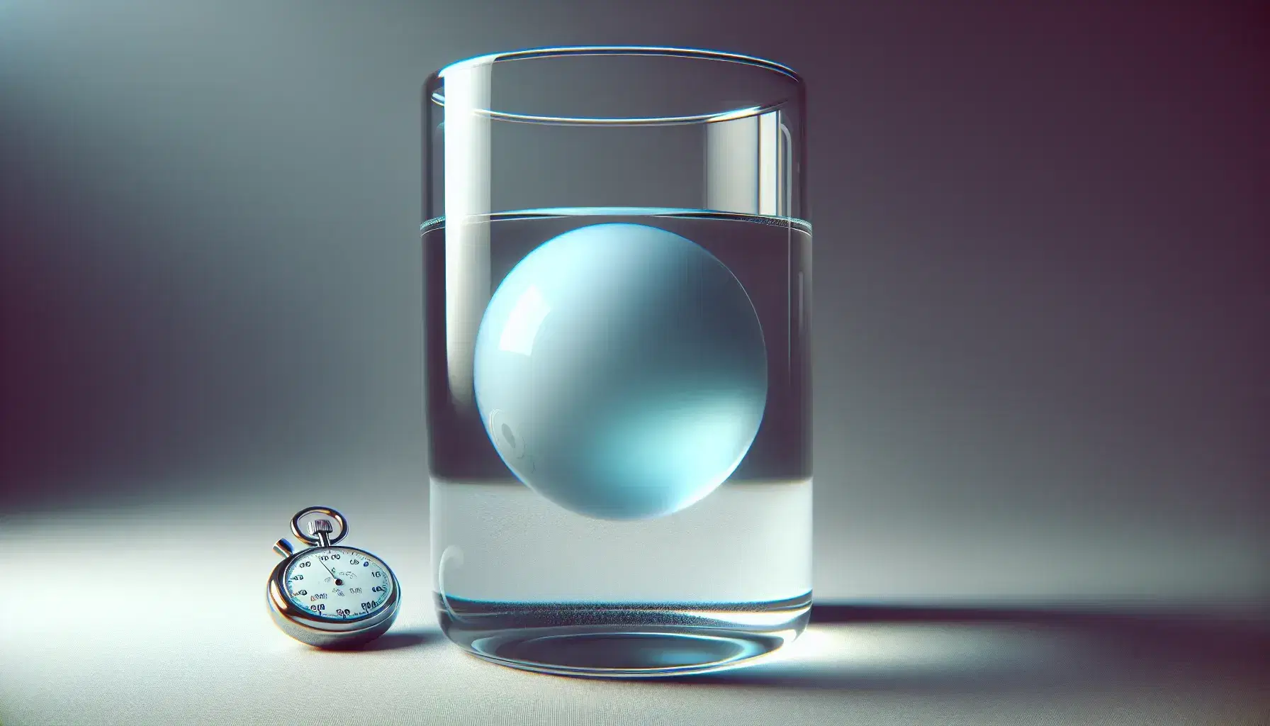 Glass container with colorless gas and floating light blue spherical balloon, blurred stopwatch in the background, soft lighting.