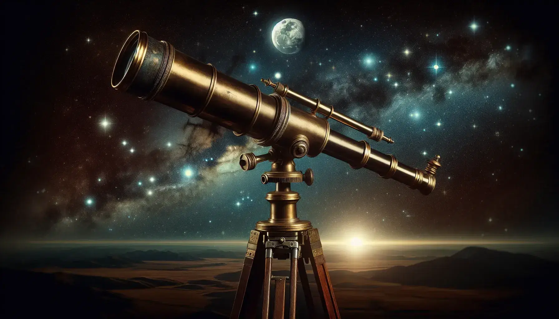 Telescopio antico in bronzo su treppiede in legno con cielo stellato e luna crescente sullo sfondo.