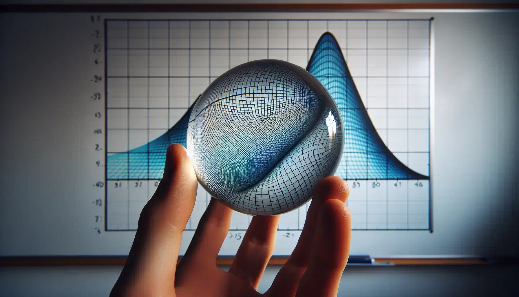 Hand holding a transparent glass marble in front of a colorful polynomial graph on a whiteboard, magnifying part of the blue undulating line.