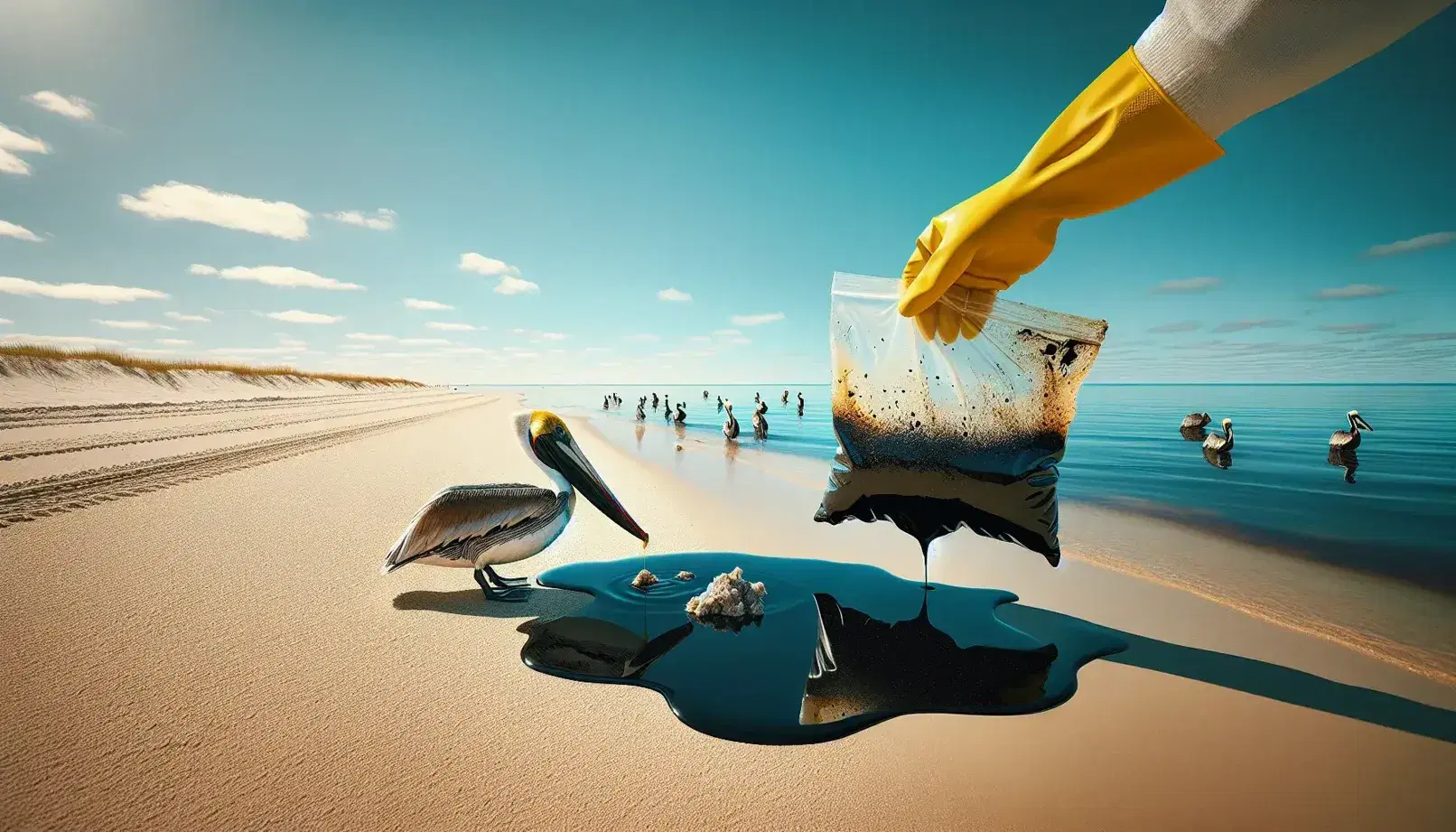 Light beige beach contaminated by an oil spill, with yellow gloved hands scooping oily sand and brown pelicans soaked in oil.