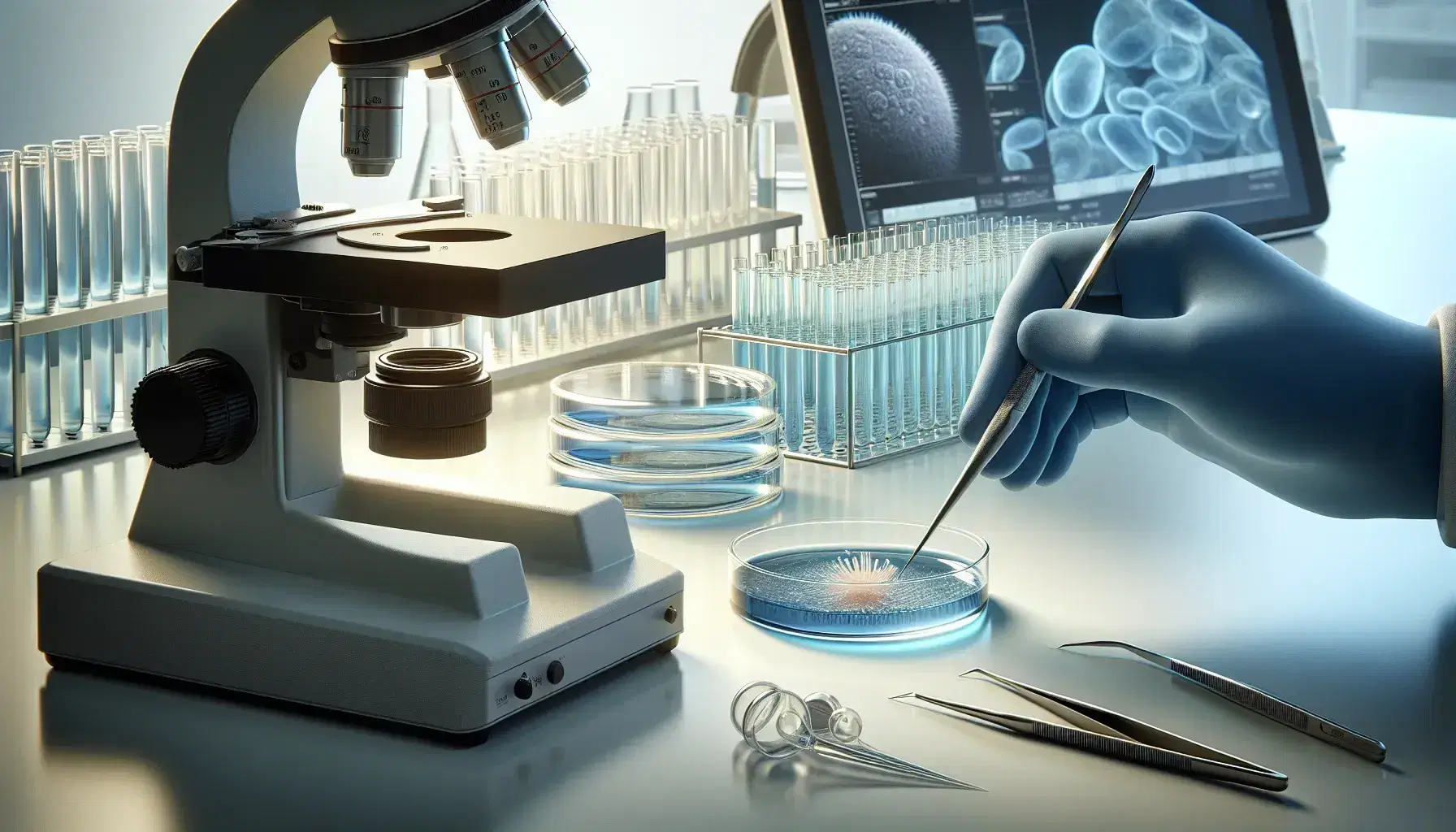 Researcher in blue gloves uses tweezers to place tissue into a petri dish in a lab, with micro-pipette and digital microscope displaying cells nearby.