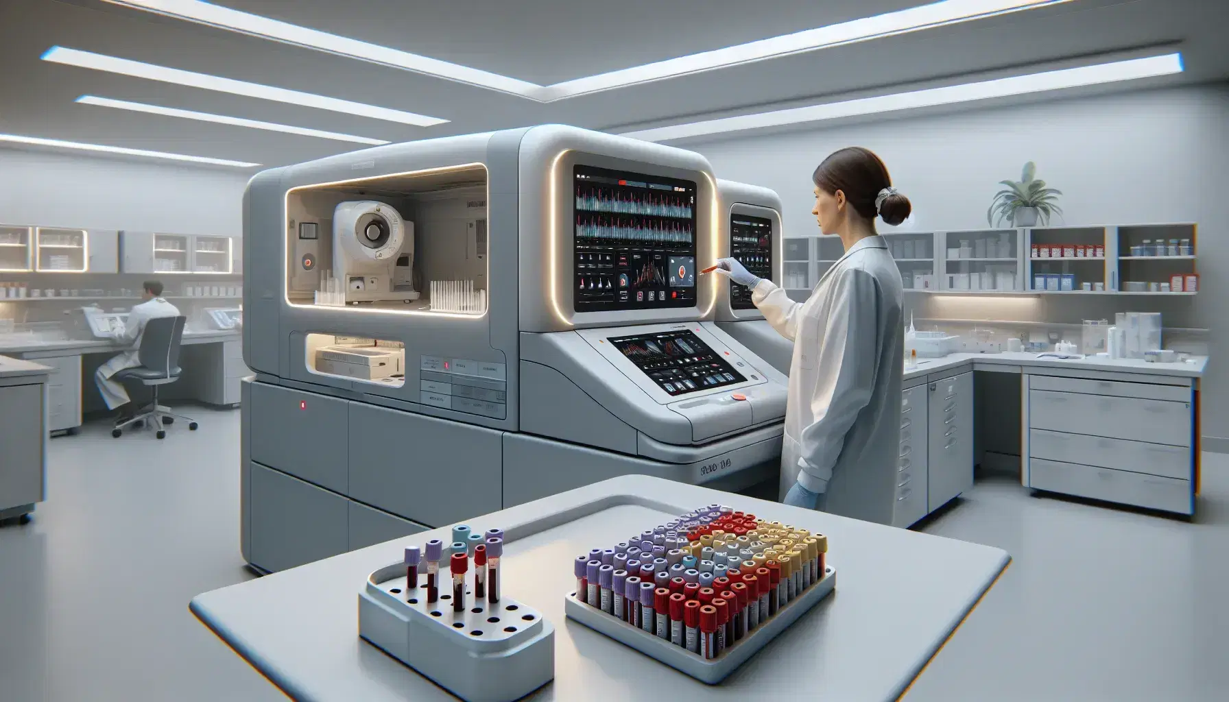 Laboratorio clínico moderno con técnico preparando muestras de sangre para análisis en un hematológico automático, ambiente limpio y profesional.
