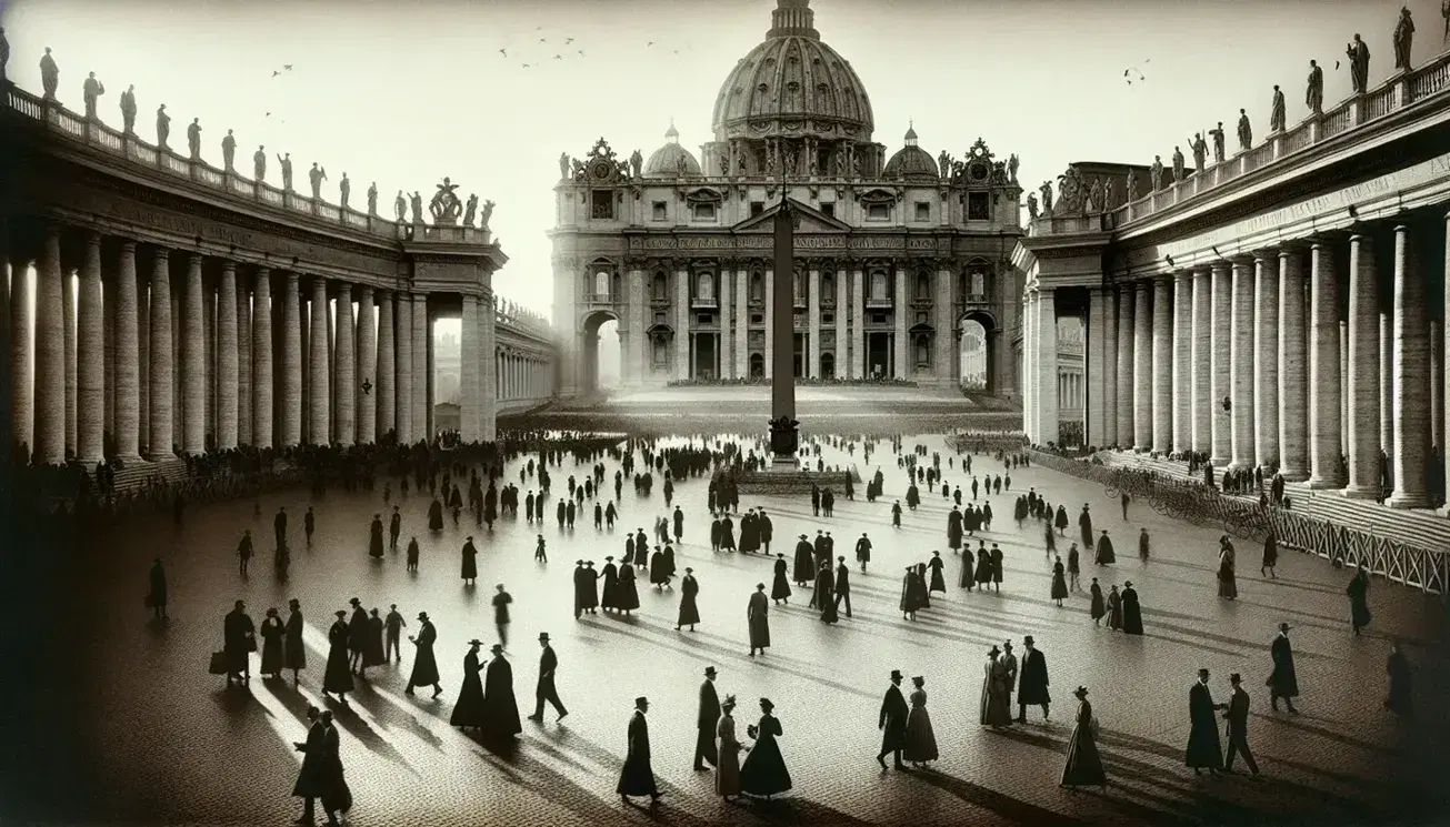 Basilica di San Pietro in Vaticano e piazza affollata in foto d'epoca anni '20-'30, con dettagli architettonici in ombra.