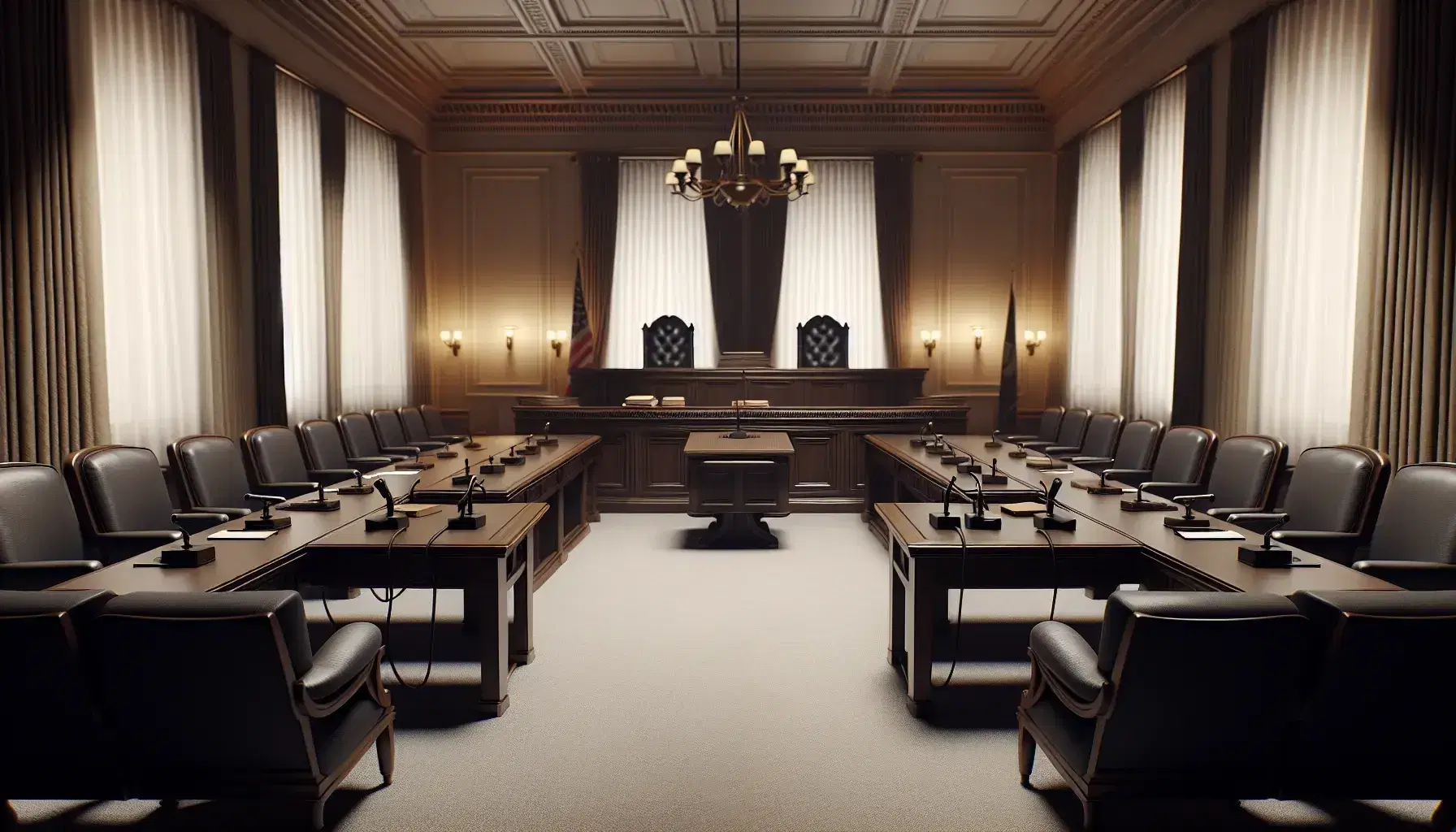 Sala de tribunal con mesa central para juez, dos mesas enfrentadas con micrófonos, sillas azules para público y ventana con cortinas blancas.