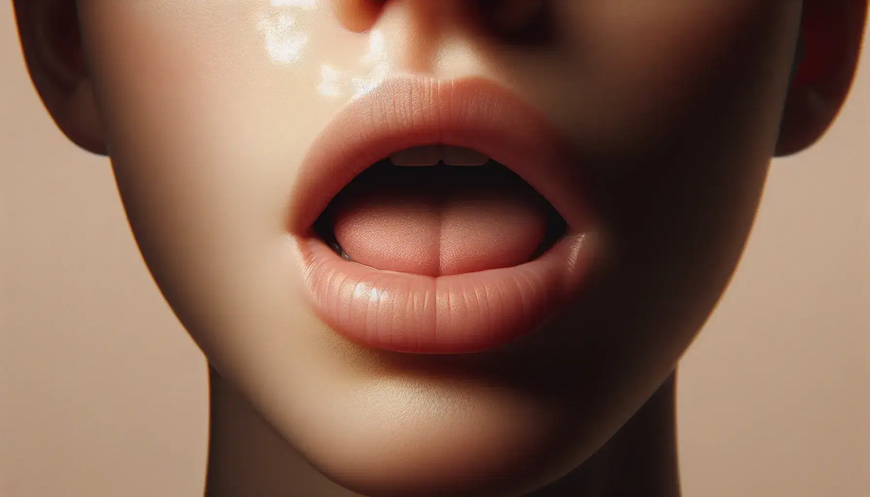 Close-up view of a human mouth slightly open with visible tongue and natural lips against a beige background, showcasing texture and contours.