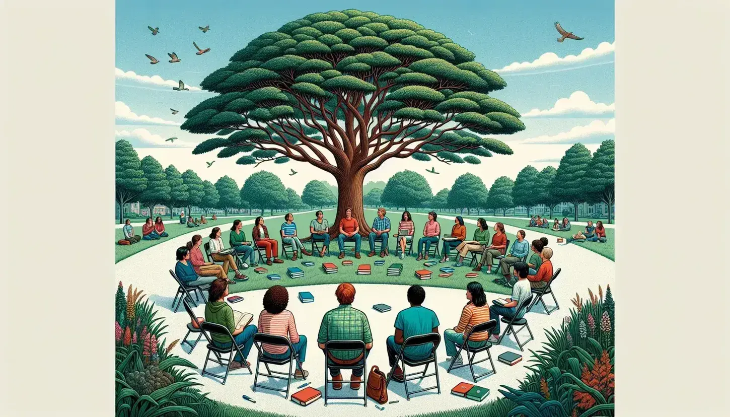 Gruppo multietnico seduto in cerchio su sedie pieghevoli in un parco, sotto un albero frondoso, con libri e quaderni sparsi intorno.