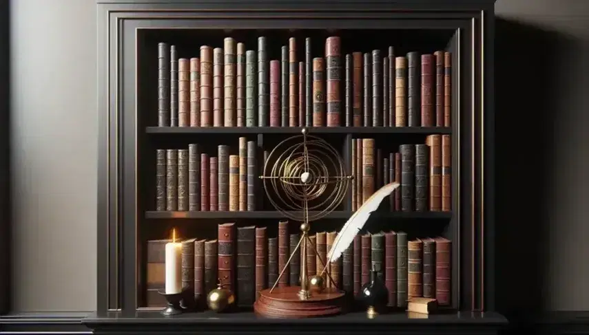 Estantería de madera oscura repleta de libros con esfera armilar dorada, pluma sobre tintero negro y vela blanca en candelabro, contra pared crema.