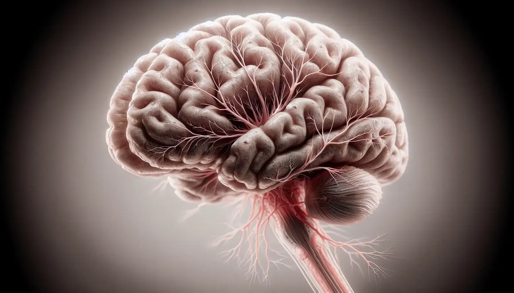 Detailed illustration of human brain in lateral view with highlighted neuron, showing soma, dendrites and axon on neutral background.
