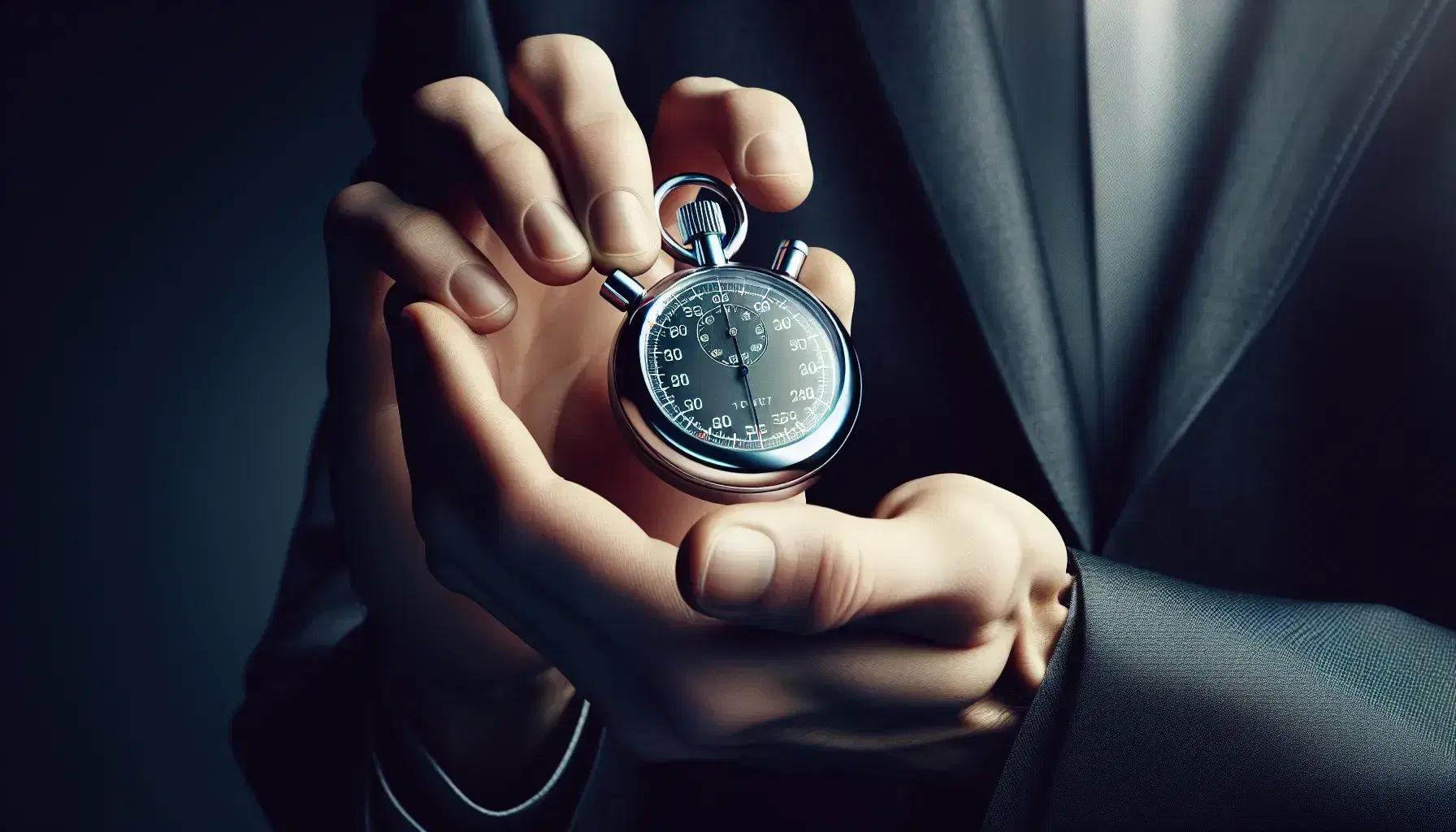 Close-up view of hands poised to operate a silver stopwatch with an analog face, set against a blurred dark business suit background.