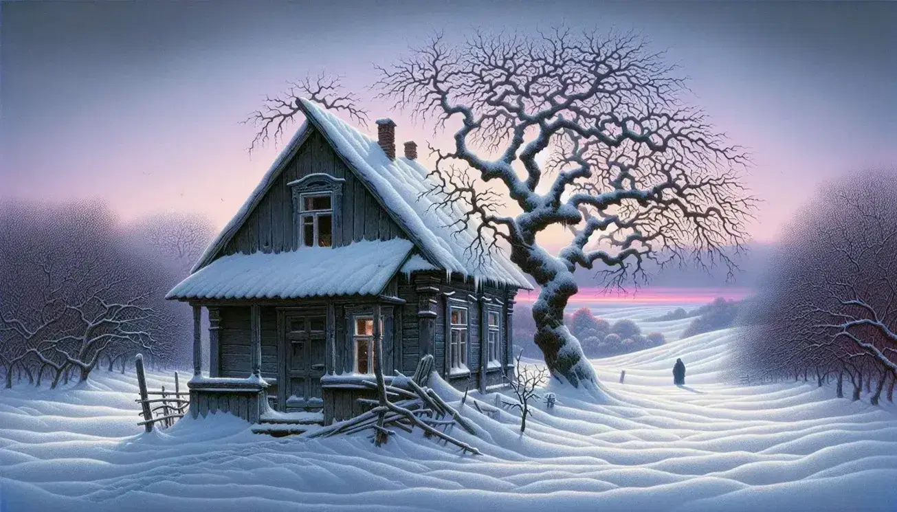 Snowy twilight scene with a neglected farmhouse, a barren apple tree, rolling hills, and a lone figure walking away in the cold winter landscape.