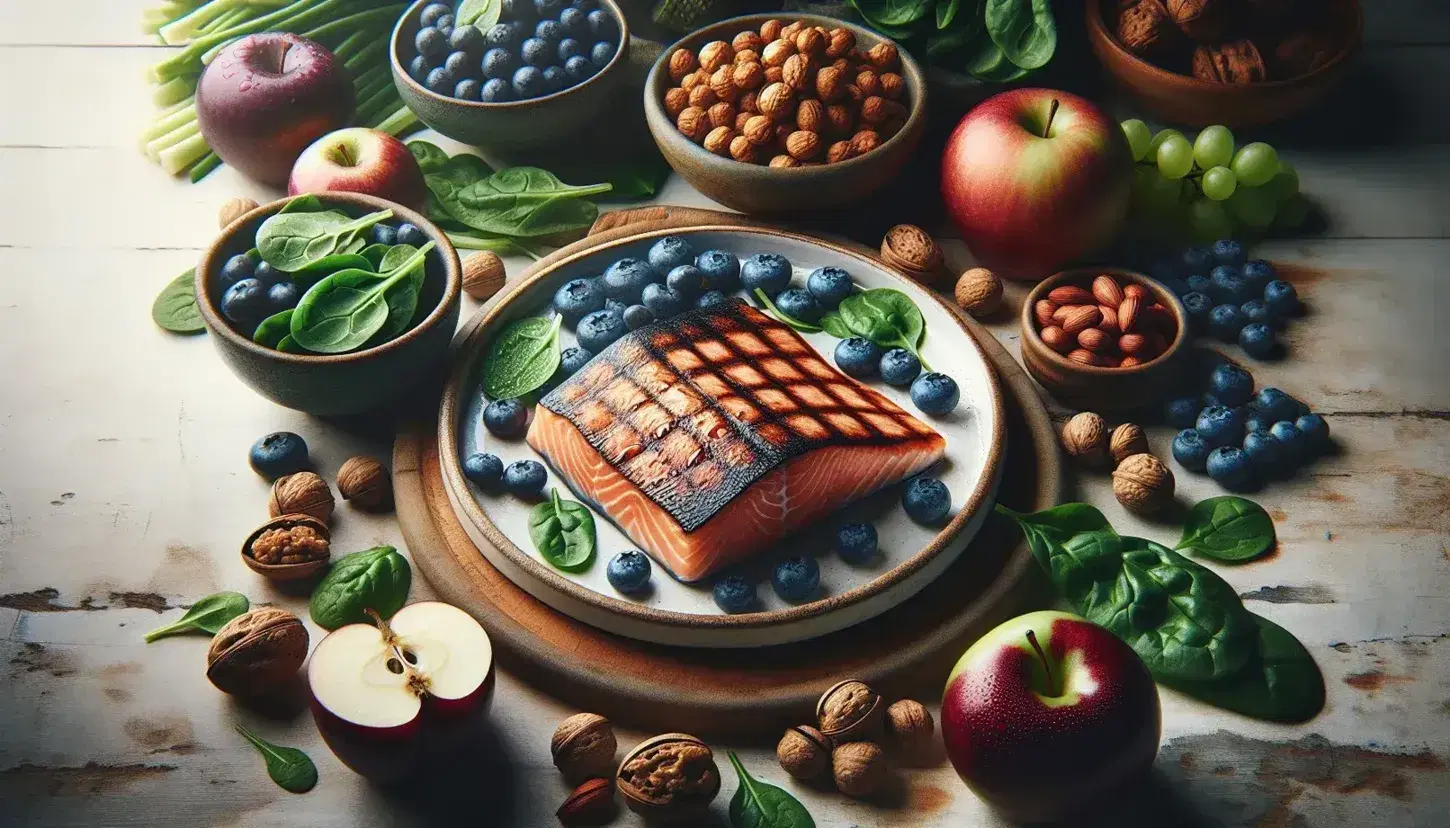 Plato de salmón a la parrilla con marcas de grillado, acompañado de espinacas frescas, arándanos azules, nueces doradas, uvas verdes con gotas de agua y manzana roja brillante sobre superficie de madera clara.