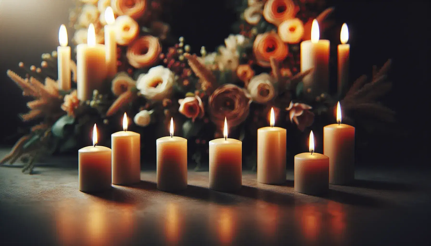 Velas encendidas con llamas estables en superficie oscura y corona de flores desenfocada en tonos blancos y rosas al fondo, creando un ambiente sereno.