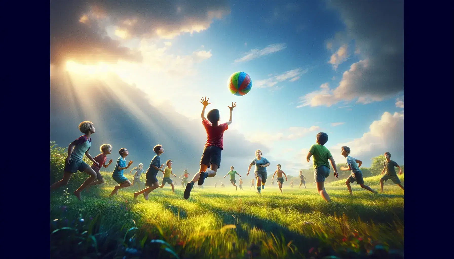 Niños jugando en campo verde con cielo azul, uno saltando para atrapar pelota multicolor en el aire, otros observan.