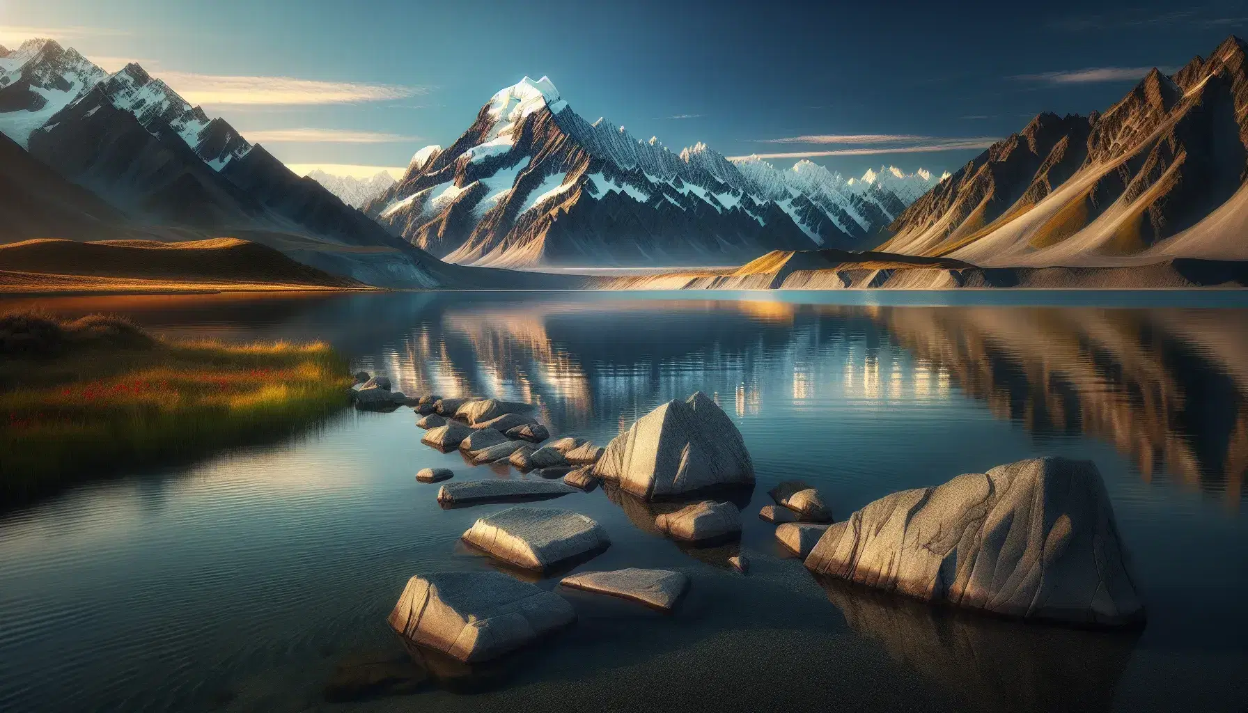 Serene mountain landscape with snow-capped peak reflecting in a calm lake, flanked by a boulder and stepping stones amid greenery at dawn/dusk.