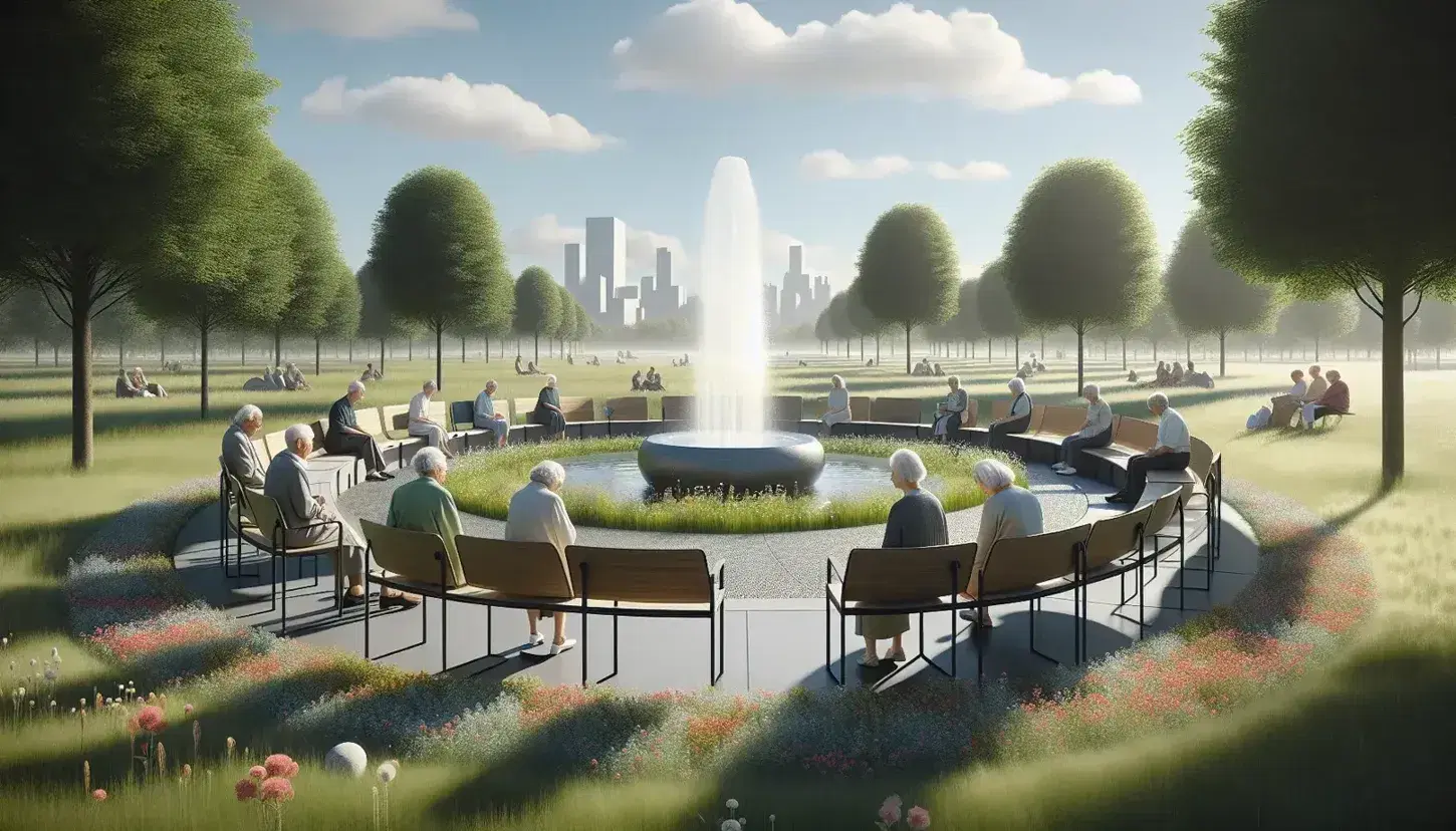 Tranquil urban park scene with diverse seniors sitting on semi-circular benches around a stone fountain, lush lawn with flowers in the foreground.