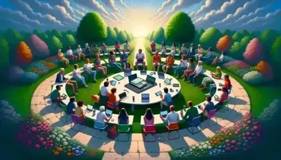 Gruppo multietnico conversa seduto in cerchio all'aperto con laptop, tablet e smartphone su tavolo, in un parco soleggiato.